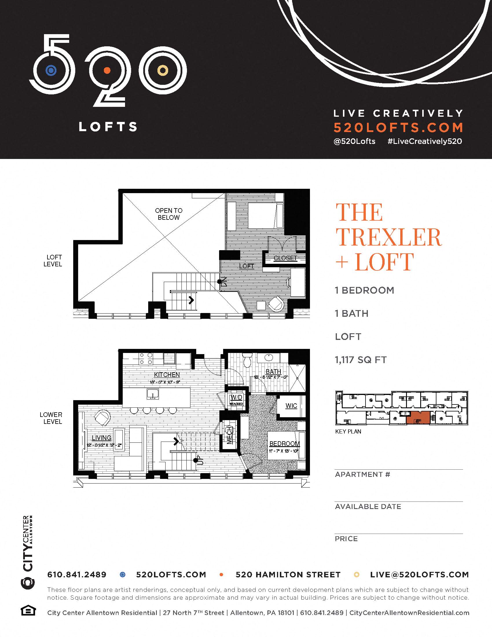 Floor plan for 1 bed, 1 bath, 1117 sqft